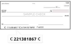 Sample Check showing the routing and transit number (also known as ABA number) is 221381867.